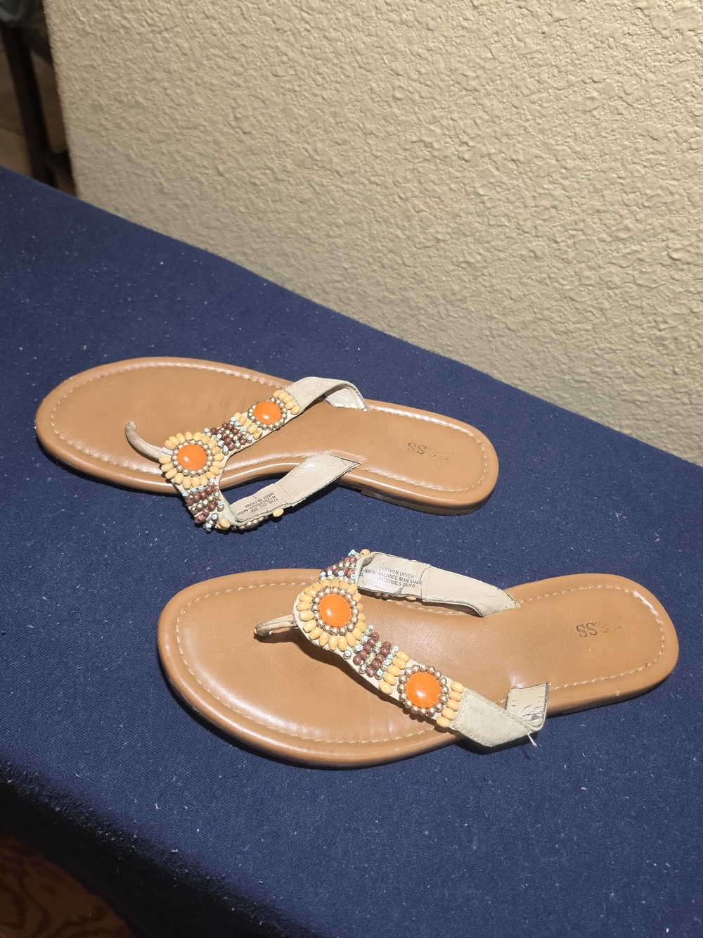 Bass Tan Leather Flip Flop Sandals with Orange Beaded Accents - Picture 2 of 5